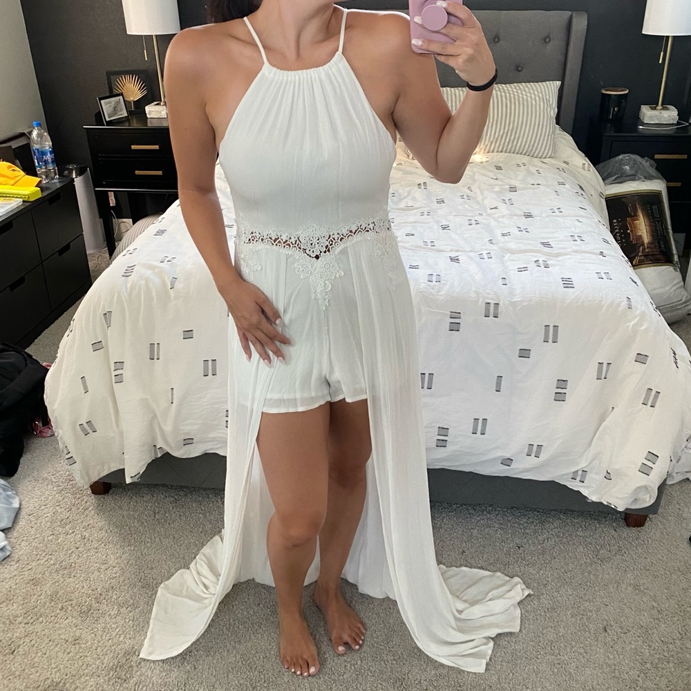 LF White High Low Romper with Tie Neck Zip Back S